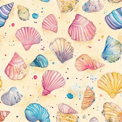 Fototapete - Vibrant watercolor pattern showcasing colorful seashells on a sandy beige background highlighting the beauty of coastal nature