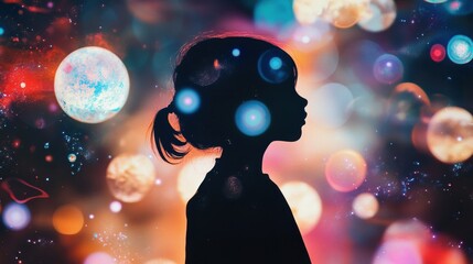Poster - Vibrant silhouette of a child surrounded by cosmic wonders and glowing celestial patterns