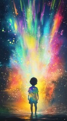 Poster - Child illuminated by vibrant cosmic energy surrounded by radiant auroras and shooting stars