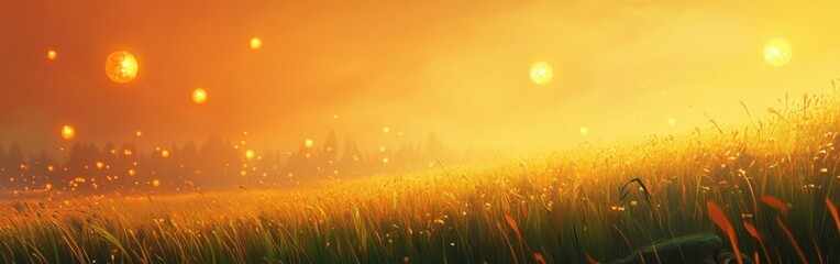 Aufkleber - Vibrant field of grass under golden sunlight with glowing orbs in a serene orange sky