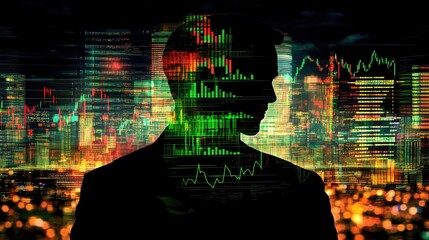 Leinwandbilder - Dynamic trader silhouette infused with stock charts and data analytics in a professional trading environment