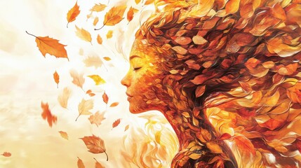Poster - Surreal woman radiating autumn energy with swirling leaves and gentle winds in vibrant fall colors