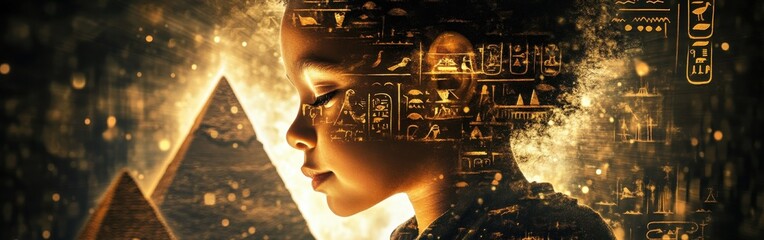 Poster - Surreal portrait of a glowing child intertwined with Egyptian pyramids and ancient hieroglyphs revealing historical mysteries