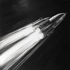 Poster - Spacecraft accelerates with brilliant trails of light in a deep black void reflecting advanced technology and exploration