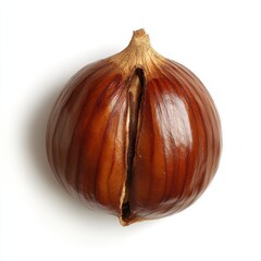 Poster - Roasted chestnut with shiny brown shell and cracked opening on white background