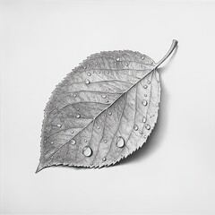 Poster - Dewy leaf rendered in pencil showcasing intricate details and natural beauty against a clean white background