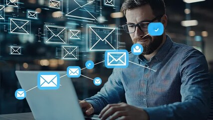 Poster - Individual focuses on laptop screen while emails appear as graphics in a contemporary workspace, showcasing digital communication