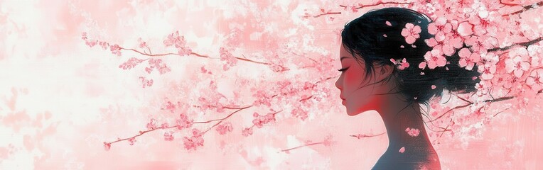 Poster - Silhouette of a woman surrounded by radiant cherry blossoms in a tranquil setting