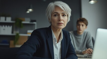 Aufkleber - Professional woman focuses on work while collaborating with a younger colleague in a modern office setting