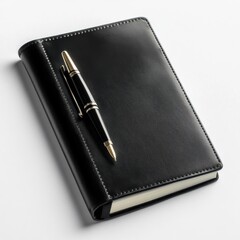 Poster - Polished black leather notebook with pen on a white background for elegant writing or planning