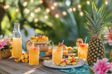 Aufkleber - Enjoying a delightful summer picnic with tropical drinks and fresh pineapples surrounded by vibrant decorations. Generative AI
