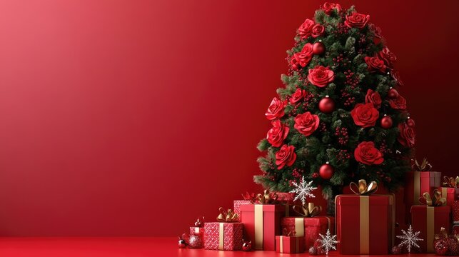 Elegant rose tree with snowflake ornaments and festive gifts arranged below, set on a bold red background