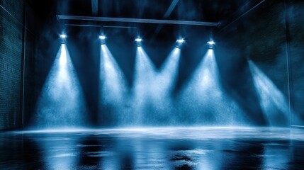 Poster - Moody industrial environment with navy and silver light beams cutting through fog on a reflective metallic floor