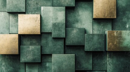 Wall Mural - Geometric squares in shades of muted green and gold interlock to form a striking modern design. This arrangement evokes a sense of sophistication, perfect for interior decor ideas