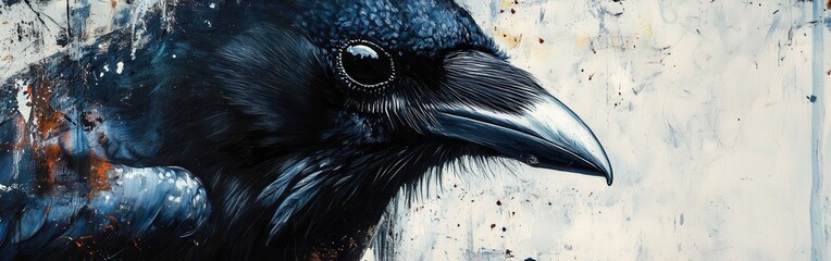 Poster - Close-up of a crow's face showcasing glossy black feathers, sharp beak, and piercing eyes in a moody natural setting