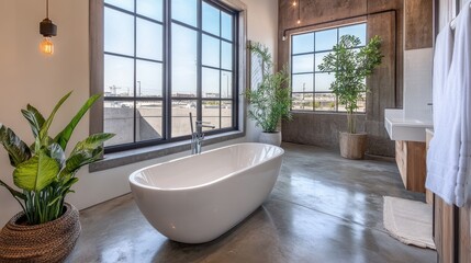 Poster - Loft bathroom design featuring freestanding tub and industrial windows with concrete flooring