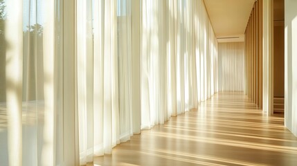 Leinwandbilder - Elegant hallway featuring tall vertical windows and soft light through sheer curtains in a minimalist design