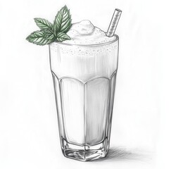 Poster - Lassi with frothy top and mint garnish sketched in pencil, showcasing refreshing beverage artistry