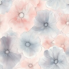 Aufkleber - Gentle watercolor blooms in pastel pink and soft gray create a serene doodle pattern for calming decor