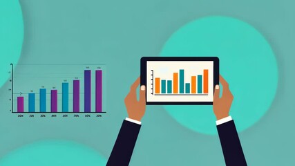 Poster - hands holding tablet displaying colorful bar graph on light background