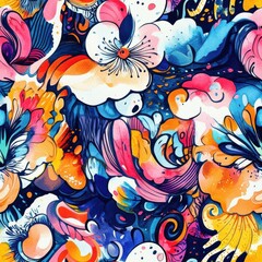 Leinwandbilder - Vibrant floral watercolor doodle pattern with dynamic textures and layered abstract designs