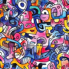 Poster - Dynamic watercolor doodles featuring overlapping cartoon symbols in bold colors and intricate textures