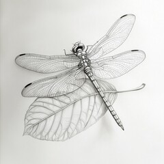 Poster - Delicate dragonfly rests on a leaf, intricately drawn with pencil lines against a white background
