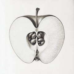 Poster - Cross section of an apple illustrating intricate seeds and core in detailed pencil sketch display