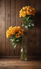 Wall Mural - Antique-inspired artificial flowers against a distressed wooden backdrop, with a warm golden glow,  home decor,  wooden paneling,  faded wallpaper