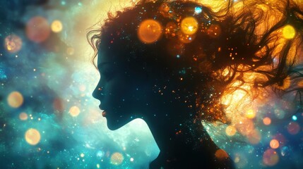 Leinwandbilder - Radiant silhouette of a woman amidst glowing underwater caves and bioluminescent marine life