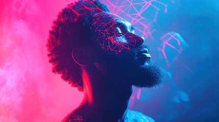 Poster - Radiant silhouette of a man surrounded by geometric patterns in neon hues, embodying the essence of retro-futurism