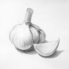 Poster - Detailed pencil drawing of a clove of garlic separated from its bulb showcasing intricate textures and shading techniques