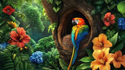Poster - Colorful parrot builds its nest in a hollow tree amidst vibrant spring flowers and lush greenery