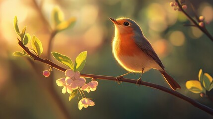 Poster - Close-up capture of a robin singing joyfully on a budding branch under golden morning light