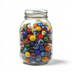 Poster - Colorful marbles fill a clear mason jar placed against a white background showcasing vibrant hues and smooth textures