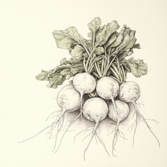 Poster - Fresh radishes with roots intact, sketched in detail showcasing their natural beauty and vibrant greens on a light background