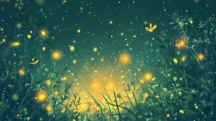 Wall Mural - A firefly flashing rhythmically flat design top view meadow theme animation complementary color scheme. glittering firefly meadow. illustration. Fireveil. Illustration