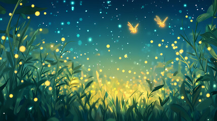 Wall Mural - A firefly flashing rhythmically flat design top view meadow theme animation complementary color scheme. glittering firefly meadow. illustration. Fireveil. Illustration