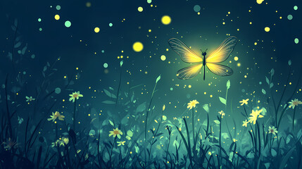 Wall Mural - A firefly flashing rhythmically flat design top view meadow theme animation complementary color scheme. glittering firefly meadow. illustration. Fireveil. Illustration
