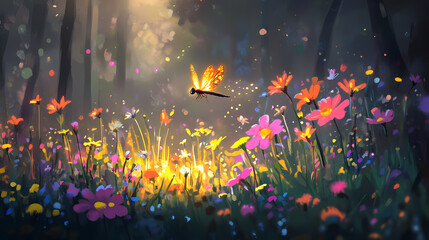a firefly hovering near a patch of colorful flowers, organic, colorful. fireveil. illustration