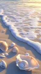 Poster - Serene coastal scene with seashells and gentle waves on a tranquil beach at sunset