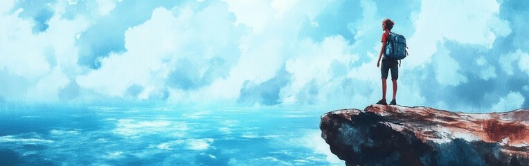 Aufkleber - Portrait of a traveler standing on a rocky outcrop overlooking the ocean at sunrise