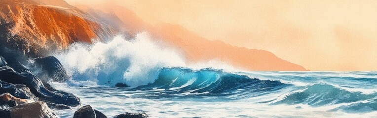 Aufkleber - Majestic ocean waves crashing against rocky shore under pastel sky at sunset