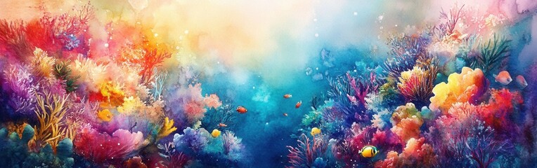 Poster - Colorful underwater coral reef with vibrant marine life in a watercolor style capturing the essence of ocean beauty