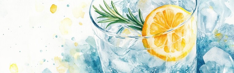 Aufkleber - Refreshing drink with lemon and rosemary in a watercolor style, capturing a moment of relaxation and enjoyment