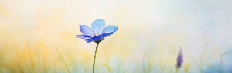 Poster - Close-up of a delicate blue flower against a soft watercolor background during sunrise in a serene garden setting
