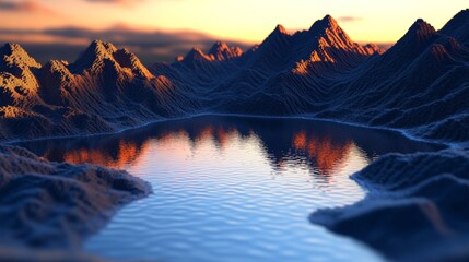 Wall Mural - A smooth reflective 3D lake surrounded by softly glowing terrain at dawn