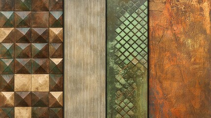 Poster - Vibrant geometric patterns in earthy hues highlight a creative fusion of textures. Each section reveals a unique style, provoking inspiration for contemporary design projects