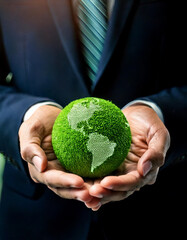 Wall Mural - Businessman with a green globe. eco-friendly business. Business and environmental concepts
