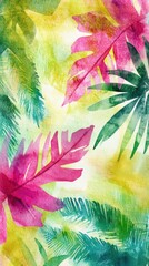 Poster - Vibrant tropical foliage in bright watercolor tones featuring lush leaves and vivid colors